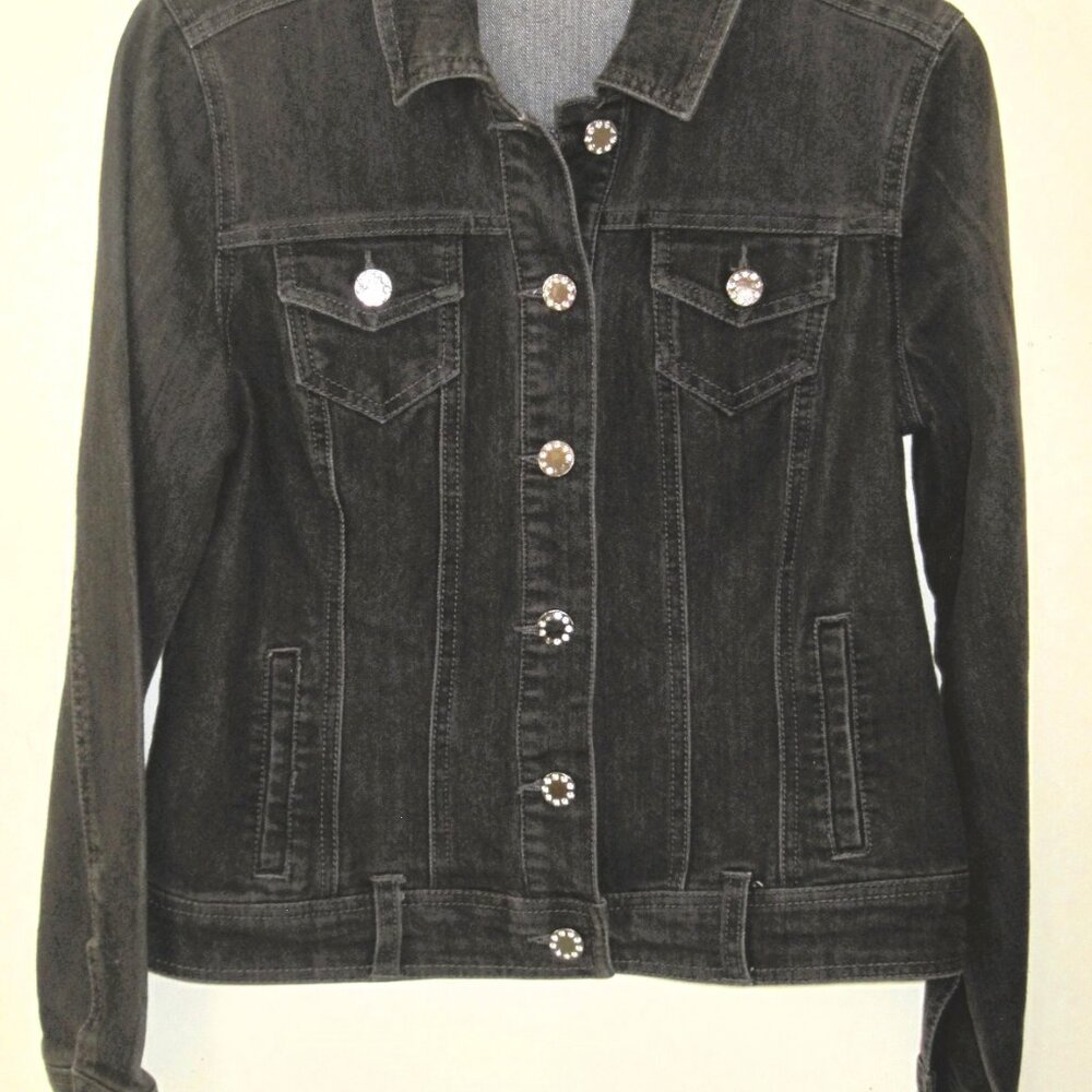 BACCINI-Denim Jean Jacket Size Petite Small-Studded Rhinestones Buttons-Spandex